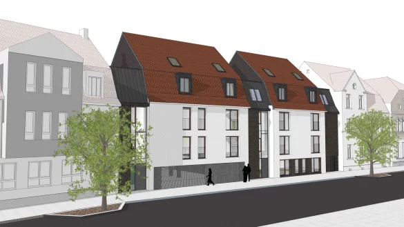 Die Baul&uuml;cke auf dem fr&uuml;heren Meffert-Grundst&uuml;ck in der Paulinenstra&szlig;e wird auf voller Breite geschlossen. Das Geb&auml;ude bekommt aber zwei Fassaden. Das fr&uuml;heren B&auml;ckereigeb&auml;ude wurde im April abgerissen. - &copy; Dupr&eacute;e Architekten