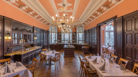 Stuck an der Decke, verzierte Fenster, viel Holz und ein Kronleuchter. In diesem Speiseraum der "Villa D&uuml;rkopp" findet am Samstag, 5. April, ein Rockabilly-Konzert statt. Die Tische und St&uuml;hle verschwinden daf&uuml;r, der prunkvolle Leuchter wird h&ouml;her geh&auml;ngt. - &copy; Villa D&uuml;rkopp