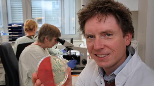 Den Gegner im Griff: Dr Jens Gieffers zeigt eine Agar-Schale, in sich Keime aus einem Schleimhautabstrich eines Patienten vermehrt haben. - &copy; Bernhard Preu&szlig;