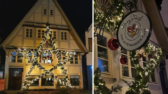 Zum ersten Mal steht der Weihnachtsstern von "Lipper für Lipper" am vereinseigenen Fachwerkhaus in der Krummen Straße. - © Lipper für Lipper