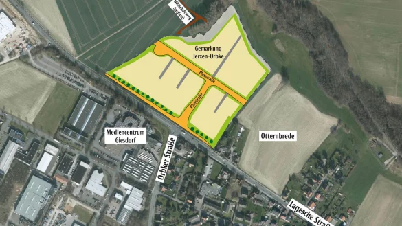 Platz für Firmen: Das Areal Balbrede liegt an der Lageschen Straße gegenüber dem Medien Centrum Giesdorf. Am Knotenpunkt Orbker Straße soll eine Erschließungsstraße gebaut werden. - © Geobasisdaten Lippe/Grafik: Maren Brettmeier