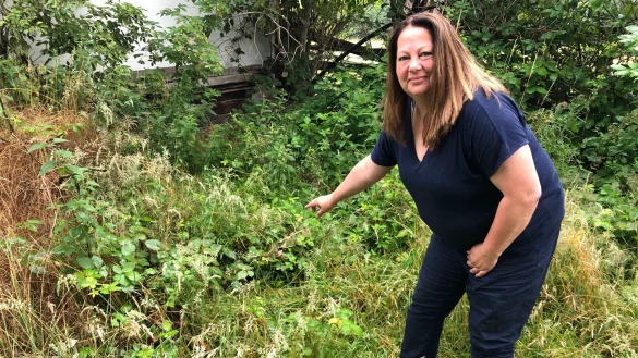 Sabine Mirbach ziegt auf das Loch, in dem die Erdwespen leben. Mehr als zehn Mal haben die Insekten die 49-J&auml;hrige gestochen. - &copy; Sven Kienscherf