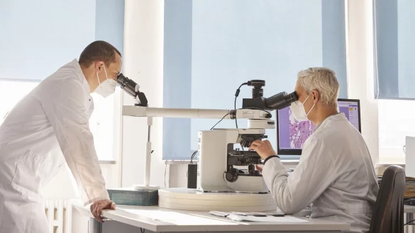 Dr. Ulf Tietze (links) und Professor Torsten Hansen begutachten Gewebeproben, die bei einer Obduktion entnommen wurden. Auch Corona-Opfer werden obduziert, um mehr &uuml;ber das Virus zu lernen. - &copy; Astrid Sewing