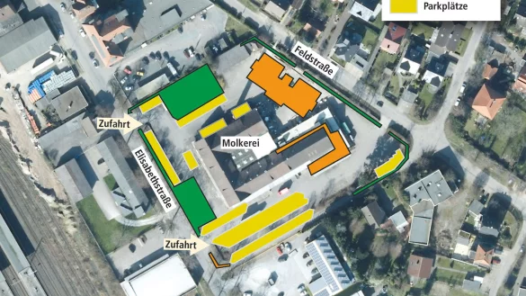 Stein des Ansto&szlig;es: Auf dem Gel&auml;nde der alten Molkerei sollen nach dem Willen des Eigent&uuml;mers mitten im Gewerbegebiet Wohnungen und eine Kindertagesst&auml;tte entstehen. Dies ist aber nur m&ouml;glich, wenn der Bebauungsplan ge&auml;ndert wird. - &copy; Grafik: Benjamin M&ouml;ller