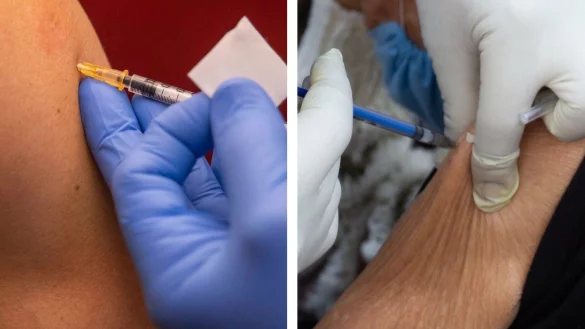 Auf dem linken Bild wird die Corona-Impfung wie vorgegeben intramuskul&auml;r verabreicht. Auf dem rechten Foto wird der Impfstoff lediglich unter die Haut gespritzt.&nbsp; - &copy; picture alliance