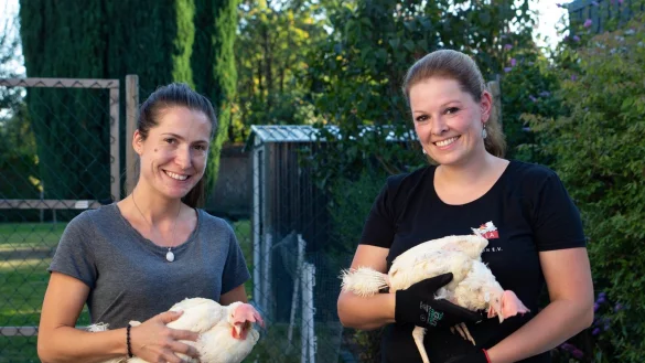 Daniela Tesche (rechts) setzt sich f&uuml;r ausgediente Legehennen ein. Sie vermittelt die Tiere in eine artgerechte Haltung. Jana Prehm nimmt vier Hennen mit nach Hause. - &copy; Patrizia Lerch