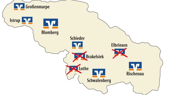Die Volksbank Ostlippe wird drei Filialen im lippischen Südosten schließen. Dank einer Kooperation mit der Sparkasse Paderborn-Detmold werden Kunden dennoch kostenfrei Bargeld in der Nähe abheben können. - © Karte: Volksbank Ostlippe