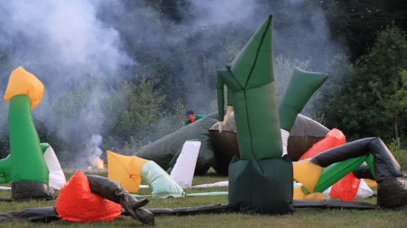 Der Berliner K&uuml;nstler Stefan Demming huscht zwischen seinen aufgeblasenen Objekten hin und her. Mit seiner "Plantage" ist er am Sonntag beim Sommerfest des Vereins zu sehen. - &copy; Privat