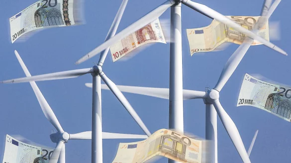 Windkraft als gro&szlig;es Gesch&auml;ft: Um die B&uuml;rger und R&auml;te gef&uuml;gig zu machen, bieten Investoren inzwischen unverfroren mit finanziellen Zuwendungen f&uuml;r wohlfeiles Verhalten. Oder sie drohen unverhohlen mit Klagen oder dem Entzug zugesagter Stiftungsmittel. - &copy; DPA/EBV/MONTAGE: LENA WISTUBA