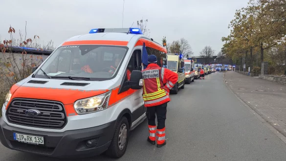 Einsatzeinheiten des Deutschen Roten Kreuzes Lippe fuhren im Verband zur Karla-Raveh-Gesamtschule in Lemgo. - © Kreis Lippe