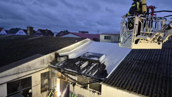 Die Wehrkräfte löschen das Dach des Firmengebäudes. - © Feuerwehr Lage