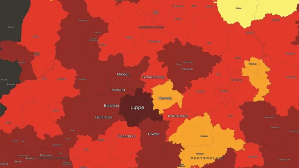 Der Kreis Lippe leuchtet in tiefem Rot, der Inzidenzwert liegt hier über 300. In den Anrainerkreisen ist er niedriger, insbesondere in Hameln-Pyrmont, wo gerade einmal die 50er-Marke überschritten ist. - © Mediawerkstatt/Robert-Koch-Institut