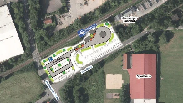 Neuer Verkehrsknoten: Das Gel&auml;nde neben dem ehemaligen Bahnhof an der Stra&szlig;e Zum Twilen wird im Zuge der Bauarbeiten der Deutschen Bahn deutlich aufgewertet. : - &copy; Land NRW (2019) / Montage: Oliver Wendtland / Zeichnung: Stadt Lage