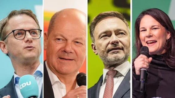 Machen in Bielefeld Wahlkampf: CDU-Generalsekretär Carsten Linnemann (von links), Bundeskanzler Olaf Scholz (SPD), FDP-Vorsitzender Christian Lindner und Bundesaußenministerin Annalena Baerbock (Bündnis 90/Die Grünen). - © Imago/Marc John