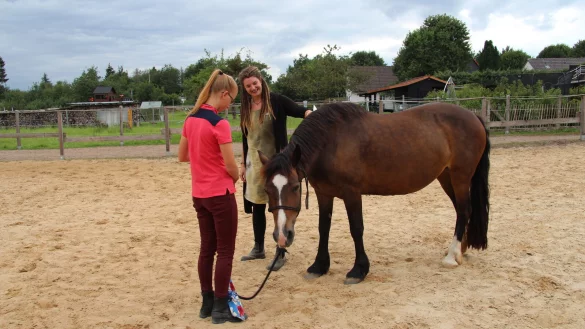 Lea &uuml;bt mit Pferd "Madona" zum Thema N&auml;he und Distanz. Es geht darum, eine Bindung aufzubauen und das Tier ohne an den Z&uuml;geln zu ziehen zu bewegen. Leiterin Virginia Hein schautz zu und gibt Tipps. - &copy; Nadine Uphoff