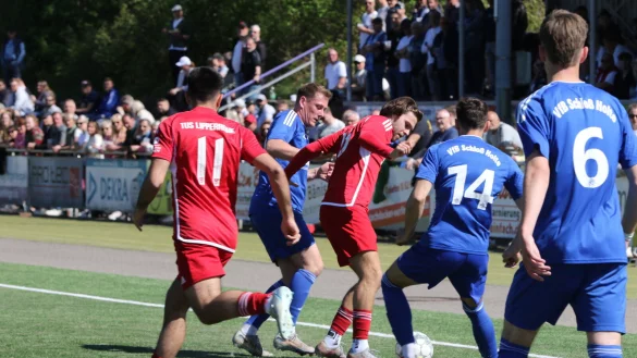 Vor der Zuschauertribüne versucht der Lipperreiher Timo Latussek, sich gegen die Schloß Holter Gegenspieler zu behaupten. - © Oliver König