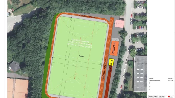 Der Plan f&uuml;r den neuen Kunstrasenplatz an der Sekundarschule Nordlippe sieht ein Spielfeld mit einem Belag aus Kork-/Sandgemisch vor, daneben eine Rundlaufbahn, eine Kugelsto&szlig;- und eine Weitsprunganlage. - &copy; Entwurf: Brinkmann + Deppen