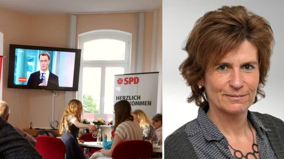 Die lippische SPD verfolgt Hendrik W&uuml;sts (CDU) Rede, in der er von einem Regierungsauftrag f&uuml;r seine Partei spricht. LZ-Redakteurin und Leiterin Print Silke Buhrmester ordnet den Wahlabend ein.&nbsp; - &copy; Jost Wolf/Vera Gerstendorf-Welle