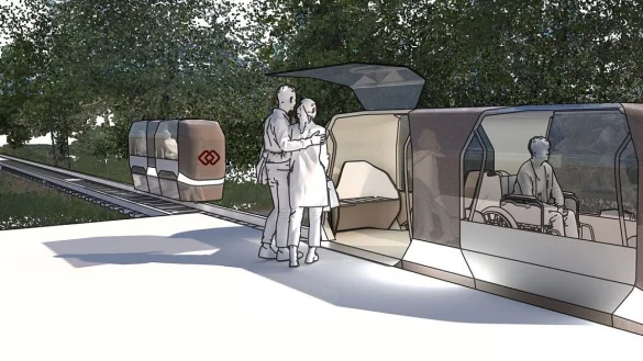 Das Design Team Monocab, Prof. Ulrich Nether, Prof. Hans Sachs, Carolina Meirelles und Maximilian M&uuml;h, haben diese Ansicht der Bahn entworfen.&nbsp; - &copy; TH OWL 2021