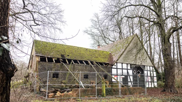 Ein an das Haupthaus des verlassenen Flöthmann-Hofes in Bielefeld angebauter Stall ist offenbar einsturzgefährdet und wird abgestützt. - © NW