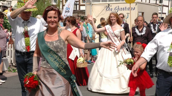 In prachtvollen Kleidern: Blombergs Nelkenkönigin Bianca Pollmann führt beim Nelkenfest 2014 den Festumzug an. Im Hintergrund ist die Kirschblütenkönigin zu sehen. Beim Deutschen Königinnentag im August werden sie erneut im Mittelpunkt stehen.  - © Manfred Brinkmeier