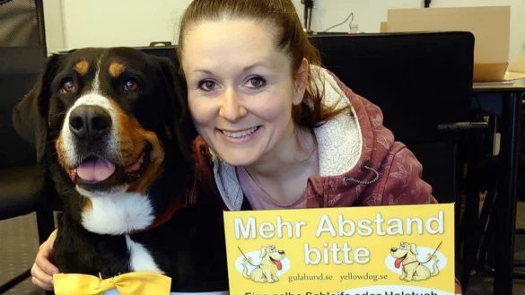 Geschäftsführerin Julia Stein mit Vereinsmaskottchen „Carlotta" und einem Hinweisschild über „Gelbe Hunde". - © Wulf Daneyko