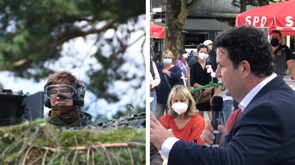 Annegret Kramp-Karrenbauer f&auml;hrt in Augustdorf auf einem Kampfpanzer Leopard 2 mit. Am Abend schaltet Hubertus auf dem Detmolder Marktplatz in den Wahlkampf-Modus. - &copy; Raphael Bartling / Martin Hostert