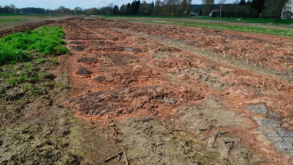 Braun statt Grün: Der BUND stößt sich an der Ablagerung von Schlamm im Naturschutzgebiet Begatal. Jetzt lässt der Kreis Lippe Bodenproben nehmen und untersuchen. Es soll sich um Erde und Zuckerrübenreste handeln. - © Foto: Privat