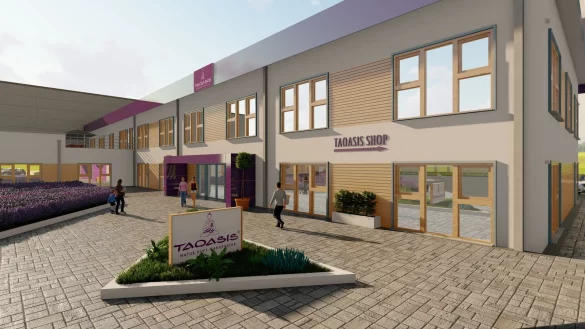 So soll das k&uuml;nftige Firmengel&auml;nde samt Shop im Gewerbegebiet S&uuml;lterheide aussehen. Links im Hintergrund befindet sich die Lagerhalle und Produktion.&nbsp; - &copy; Illustration: Taoasis