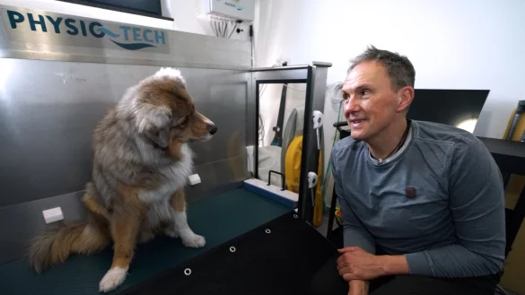 Frank H. Elbracht hat in Corona eine Ausbildung zum Tierphysiotherapeuten gemacht - hier mit Hund Scotty am Unterwasserlaufband. - &copy; Peter Unger