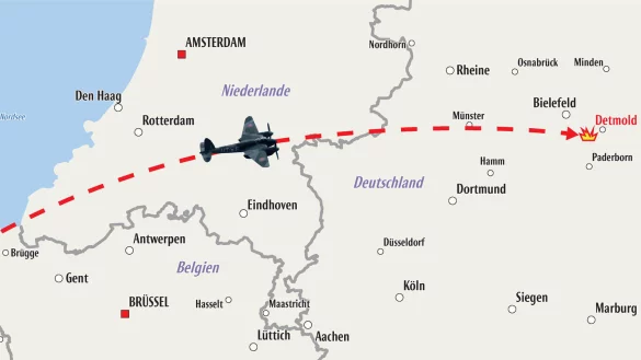 Dies wäre der direkte Kurs des Fluges von Mitchell und Hatsell, als sie am 17.März 1945 vom gerade erst bezogenen Stützpunkt im belgischen Koksijde starteten. Genau lässt sich der verlauf der Mission aber nicht mehr nachvollziehen. - © Grafik: Oliver Wendtland