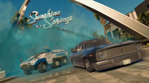 Willkommen im neuen Bezirk Sunshine Springs! Auch hier sind die Marshall-Schergen hinter uns her und fackeln nicht lange. - &copy; Deep Silver / Volition