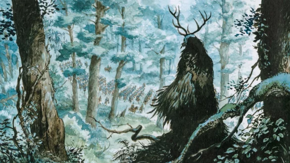 Im dichten Wald: Hermanns Späher beobachtet Varus’ Legionen. „Es ist an der Zeit, den riesigen Kopf der römischen Schlange abzuschlagen und unsere Freiheit wiederzugewinnen", spornt der Cherusker seine Mannen zum Kampf an. - © Enrico Marini/Carlsen