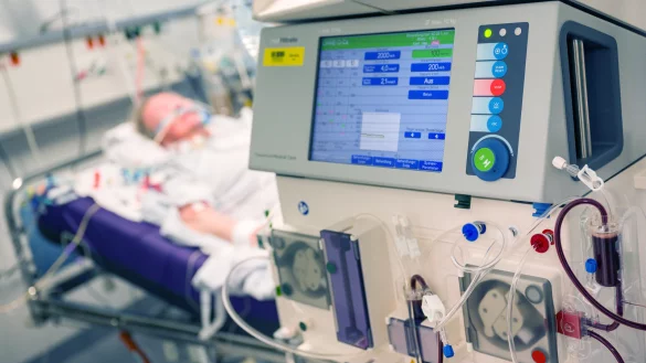 Ein Patient liegt in einem Intensivzimmer &ndash; hier ein Foto aus Bayern &ndash; an einem Beatmungsger&auml;t und einem Dialyseger&auml;t (im Vordergrund). Beatmungsger&auml;te gelten in der Corona-Krise als essenziell f&uuml;r die Behandlung von Covid-19-Patienten. - &copy; Peter Kneffel/dpa