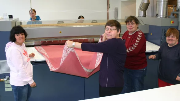 Bei der Arbeit: Das Team in der Lebenshilfe-W&auml;scherei pr&auml;sentierte beim Tag der offenen T&uuml;r die neue Hei&szlig;mangel. - &copy; privat