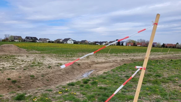 Die Feldlerchen sch&auml;tzen diese Pf&auml;hle mit Flatterband nicht sonderlich, sie sind mittlerweile auf ein anderes Feld umgezogen. Auf dieser Fl&auml;che am Grasweg sollen 50 Wohneinheiten gebaut werden. - &copy; Astrid Sewing