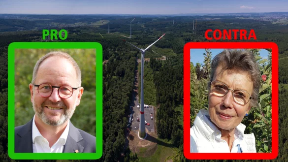 Brigitte Scheuer (Leiterin der Fachstelle Umweltschutz und Landschaftspflege beim Lippischen Heimatbund) und Landesverbandsvorsteher Jörg Düning-Gast nehmen Stellung: Sind Windkraftanlagen im Wald Fluch oder Segen? - © Fotos: Städtische Werke Kassel/Jost Wolf/Brigitte Scheuer. Montage: Oliver Wendtland.