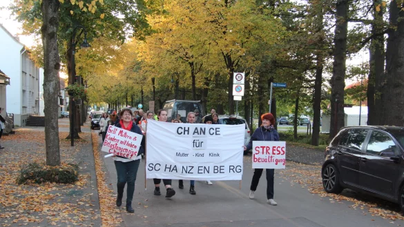 Mit mehr als 80 Teilnehmern zieht der Demonstrationszug durch Bad Meinberg, um auf die drohende Schließung der Mutter-Kind-Klinik aufmerksam zu machen. - © Cordula Gröne