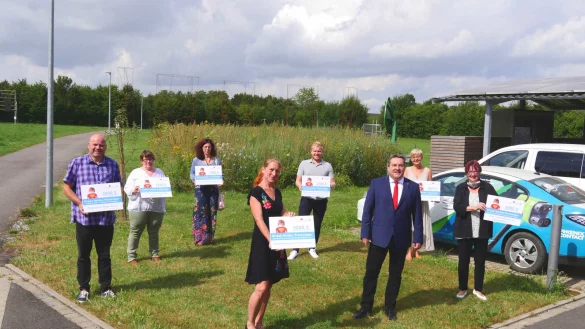 Landrat Dr. Axel Lehmann (Dritter von rechts) &uuml;bergibt am Innovationszentrum in D&ouml;rentrup die Krisen-Helden Preise an (von links) Holger Busch (Emmer.Zone), Gabriele Hollmann (Ev.-ref. Kirchengemeinde Detmold-West), Melanie Werneke (Elterninitiative Kita Pippi), Katharina Ernesti (Hebammenpraxis Fissenknick), Andre Swoboda (BSV M&uuml;ssen & TuS M&uuml;ssen-Billinghausen), Heike Weidhase (Corona Hilfe Oerlinghausen) und Regina Zelms (Kelter- und Kulturverein Schwalenberg). - &copy; Kreis Lippe