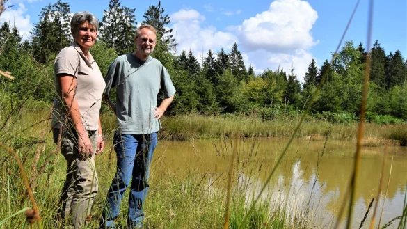 Susanne Hoffmann (Landesverband Lippe) und Matthias F&uuml;ller (Bio-Station Lippe) begutachten das Gew&auml;sser im Schwalenberger Wald. - &copy; Greta Wiedemeier