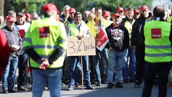 Rund 200 Menschen streikten vor der Prezero-Niederlassung in Porta Westfalica für bessere Arbeitsbedingungen. - © Alex Lehn