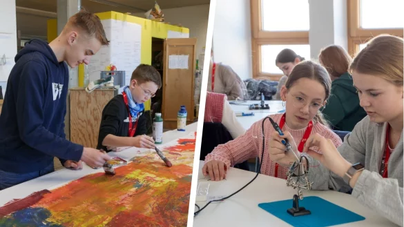 Im Angebot „Die Welt der Farben“ konnten sich die Jungen kreativ austoben. Es entstand ein großflächiges Kunstwerk. Im Studiengang Digital Management Solutions am Bildungs Campus Herford erfuhren die Teilnehmerinnen, was praktisches Löten mit strategischem Management zu tun hat. - © TH OWL