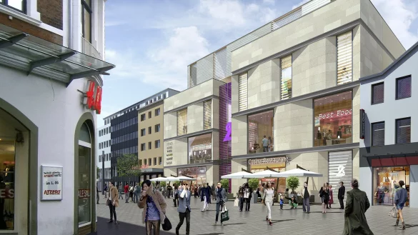 Ansicht Bahnhofstraße: Eine helle Sandstein-Fassade mit viel Glas und im Erdgeschoss geöffnet für Gastronomie soll dem Einkaufscenter ein modernes und offenes Gesicht geben. Stahlprofile als Querbänder bilden einen deutlichen Kontrast, so Architekt Marc Blum. - © ENTWÜRFE: ECE