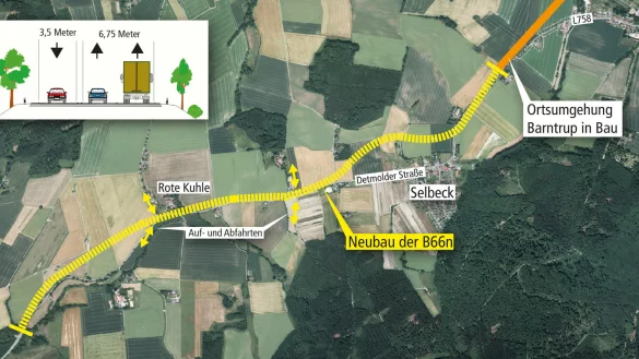 So k&ouml;nnte sie aussehen: Zwischen Barntrup und Gro&szlig;enmarpe soll es eine neue Stra&szlig;e geben &ndash; um Selbeck herum. - &copy; Grafik: &bdquo;Stra&szlig;en NRW&ldquo;/Benjamin M&ouml;ller/Geobasisdaten Land NRW
