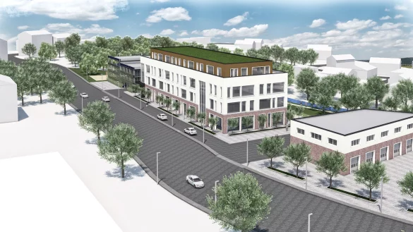 So soll das „Ärztehaus am Werreufer" aussehen. Eine Anfahrt ist auch vor dem Gebäude möglich. Links ist das Parkhaus, rechts entsteht die Rettungswache. - © Next GmbH Architektur und Design