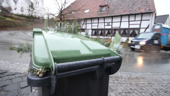 G&uuml;nstiger: Die Geb&uuml;hren f&uuml;r die Abfuhr von Rest- und Biom&uuml;ll in Kalletal sinken. Das Foto zeigt eine gr&uuml;ne Tonne in Sichtweite von Altem Krug und Peterskirche in Talle. Foto: Jens Rademacher - &copy; Jens Rademacher