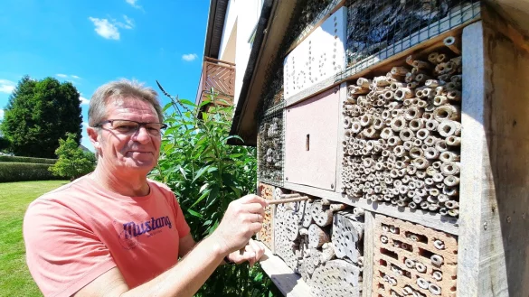 Albert Holtkamp hat in seinem Garten ein selbstgebautes Insektenhotel aufgestellt. Den Insekten scheint es dort zu gefallen, denn es ist gut besucht. - &copy; Michaela Wei&szlig;e(LZ)