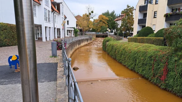 Die Salze trägt in Höhe der Millau-Promenade (im Hintergrund befindet sich auf dem Grund übrigens eine Fischtreppe) rostbraunes Wasser. Dieser Zustand dauerte einige Tage lang an. - © Andreas Schildmann