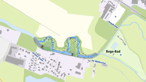 Der Ausschnitt zeigt den geplanten Verlauf der Werre zwischen Bega- Mündung und dem Werler Krug. Nach der Renaturierung würde der Fluss sich damit um 160 Meter verlängern. - © Karte: Sönnichsen&Weinert Ingenieurgesellschaft/Grafik: LZ