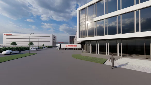 Das bestehende Logistikzentrum (rechts) soll um ein neues, vollautomatisches Shuttle-Lager (hinten links) ergänzt werden. - © Visualisierung: Pape Architekten AG